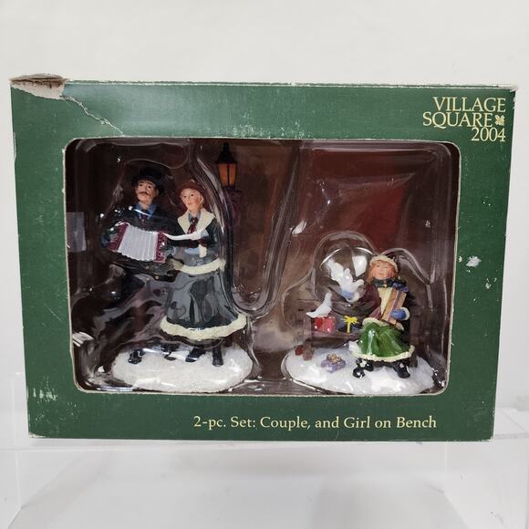 2 pc Mervyns Village Square Country Couple Accordion & Girl Bench Feeding Birds - Picture 1 of 7